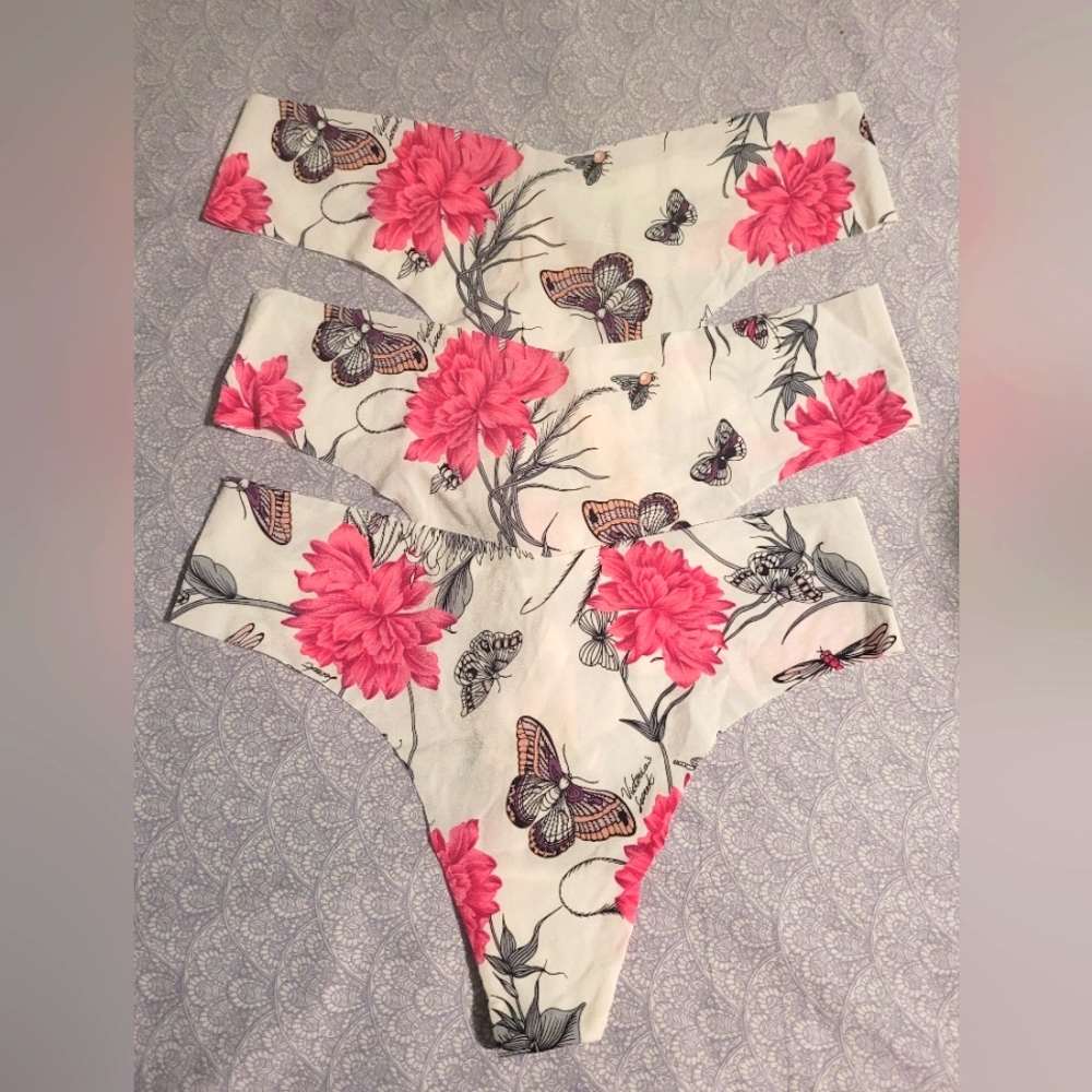 Victoria Secret floral thongs large NWT set of 3